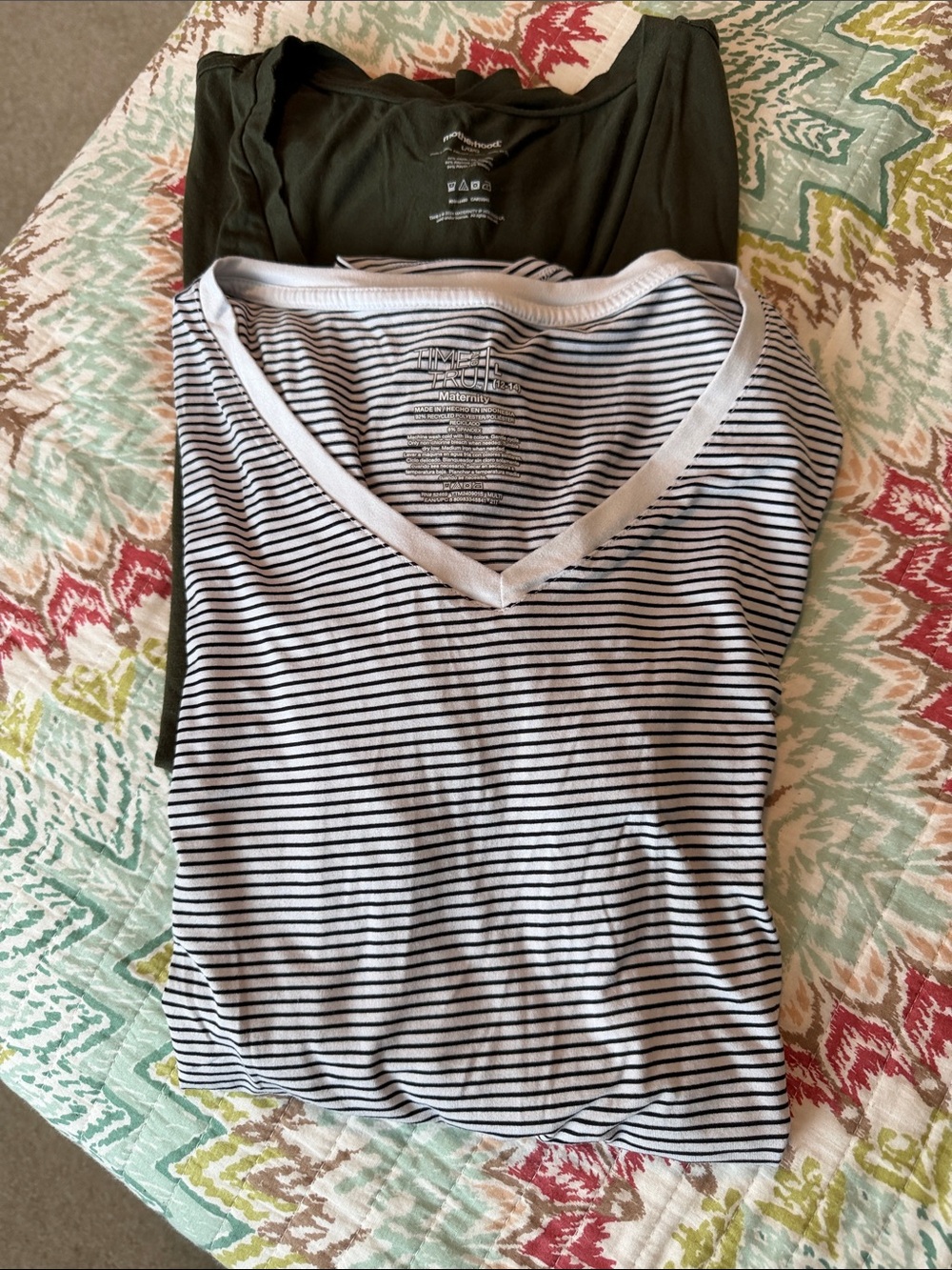 Motherhood Maternity Olive Green Tee + White and Black Striped V-Neck Tee